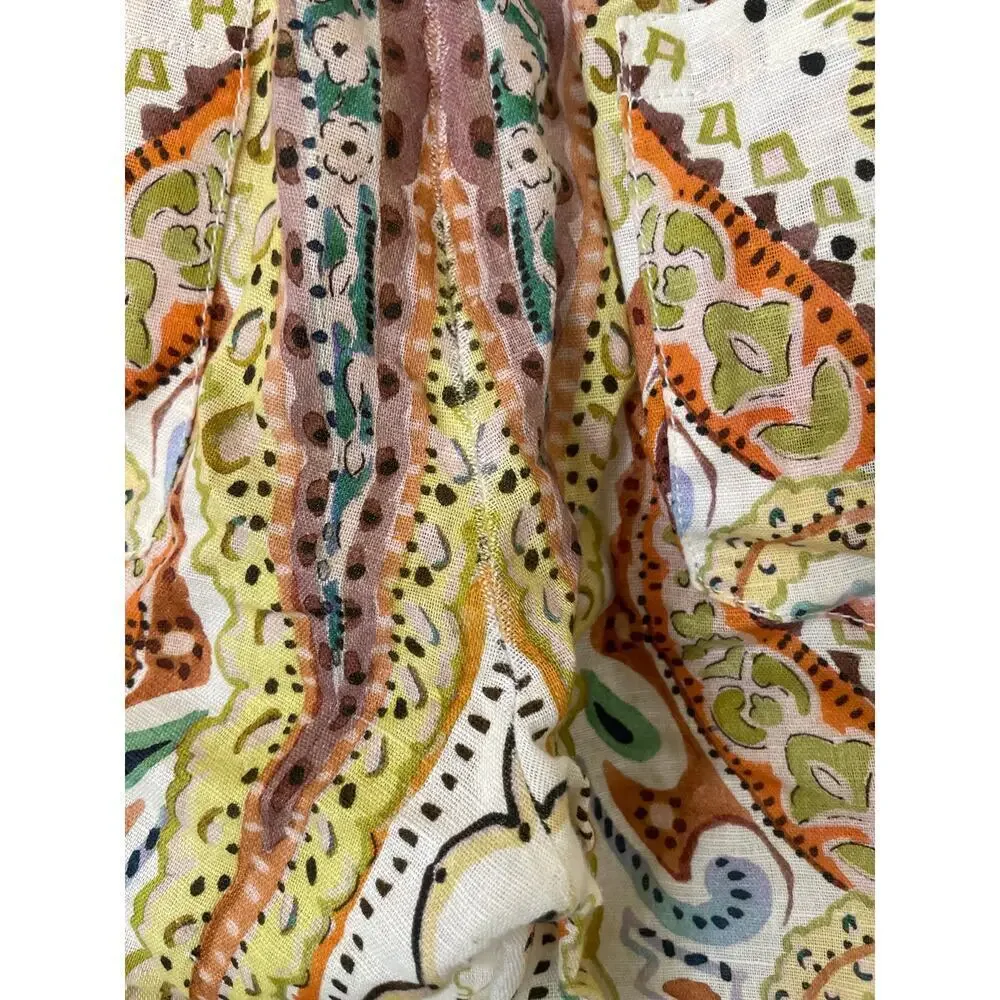 Zara Linen Blend Paisley Printed Cream and Earthtone Flare Leg Pants • Size XS